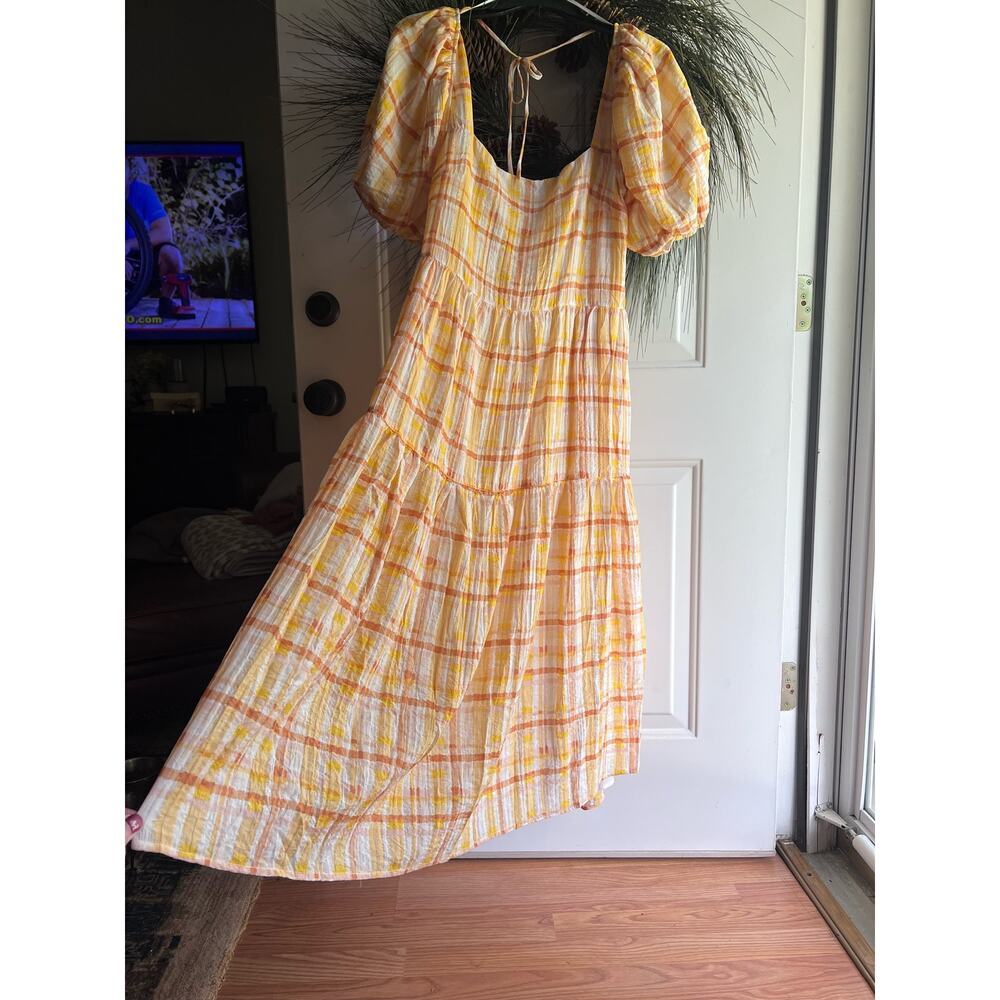 Astr The Label Anthropologie IIana Puff Sleeve Prarie Yellow Plaid Dress - Picture 11 of 17